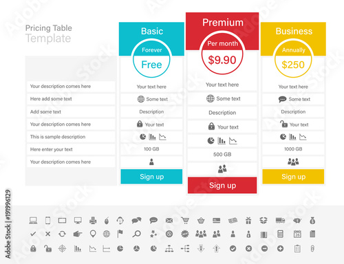 Pricing table with 3 plans and one recommended. Blue, red and yellow header