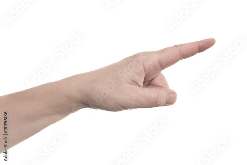 Left hand pointing index finger shows to the top right - human hand gesture isolated on white background with copyspace