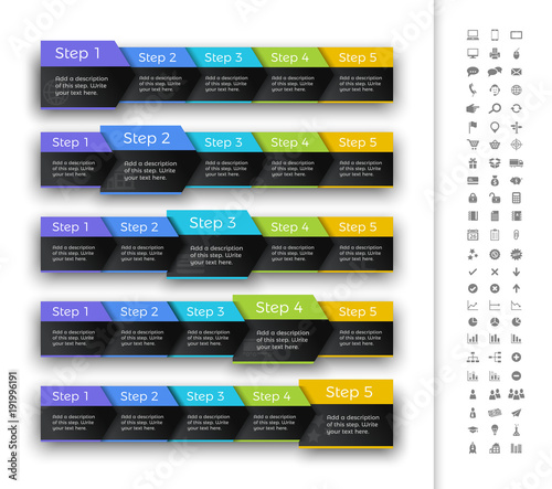 Five steps progress bar in rainbow colour header. Suitable for moving infographic.