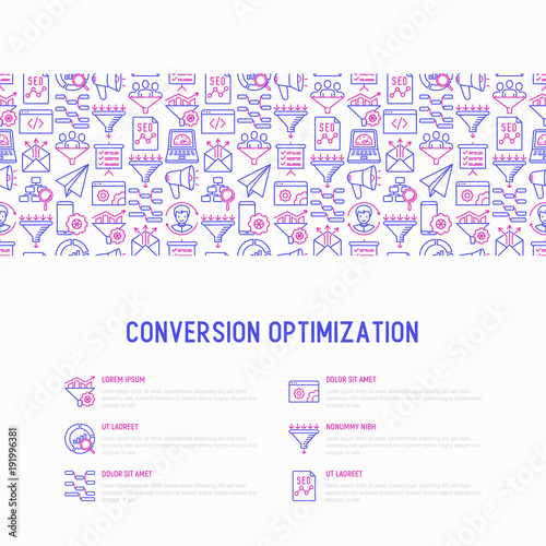 Conversion optimization concept with thin line icons: marketing, customer management, SEO technology, website promotion, visitors, sales funnel, web traffic. Modern vector illustration.