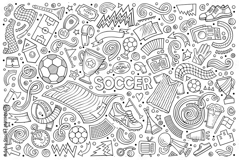 Vector doodles cartoon set of football objects