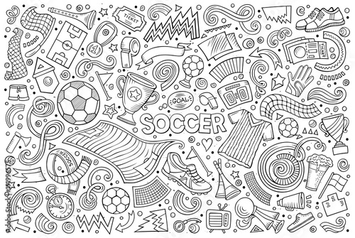 Vector doodles cartoon set of football objects