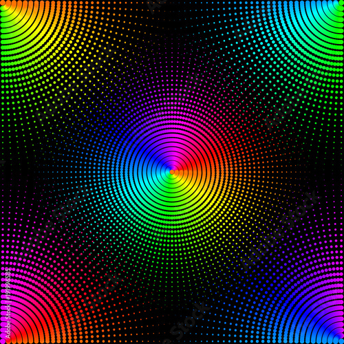 Colorful background in the form of rays in the corners and in the middle  colored balls of different sizes on a black background