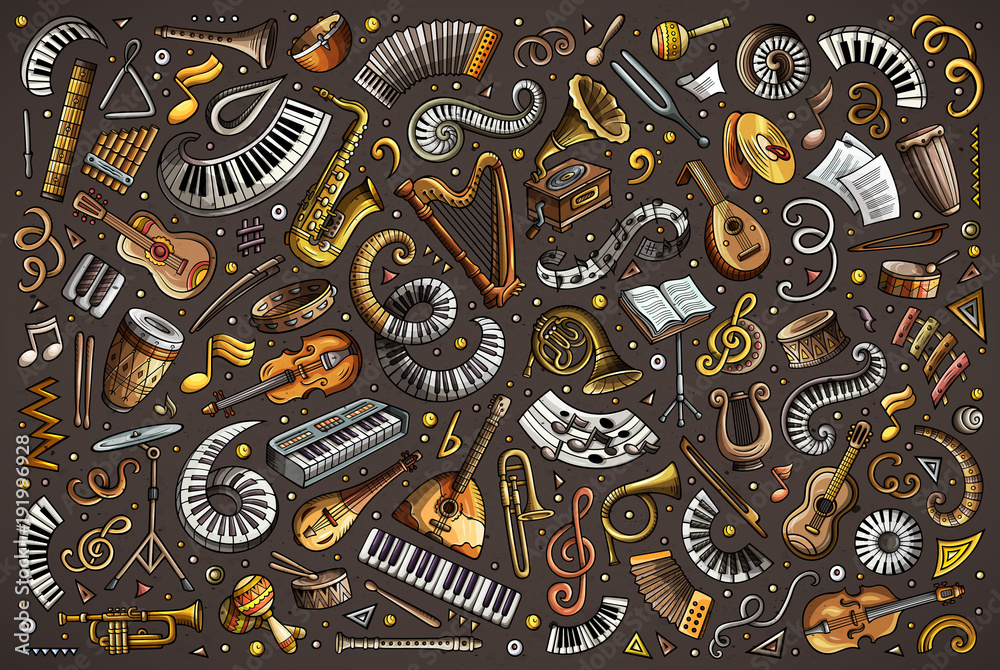 Colorful vector doodles cartoon set of classical musical instruments objects