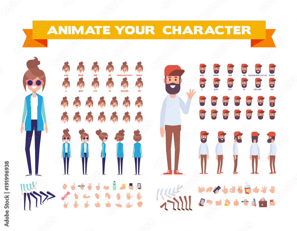 Front, side, back view animated characters. Male and female characters  creation set with various views, face emotions, poses. Cartoon style, flat  vector illustration. Stock Vector | Adobe Stock