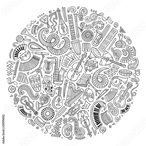 Set of vector cartoon doodle classic musical instruments and objects collected in a circle