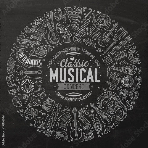 Set of vector cartoon doodle classic musical instruments and objects collected in a circle border