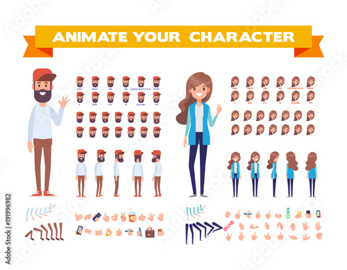  Front, side, back view animated characters. Male and female characters creation set with various views, face emotions, poses. Cartoon style, flat vector illustration. photo