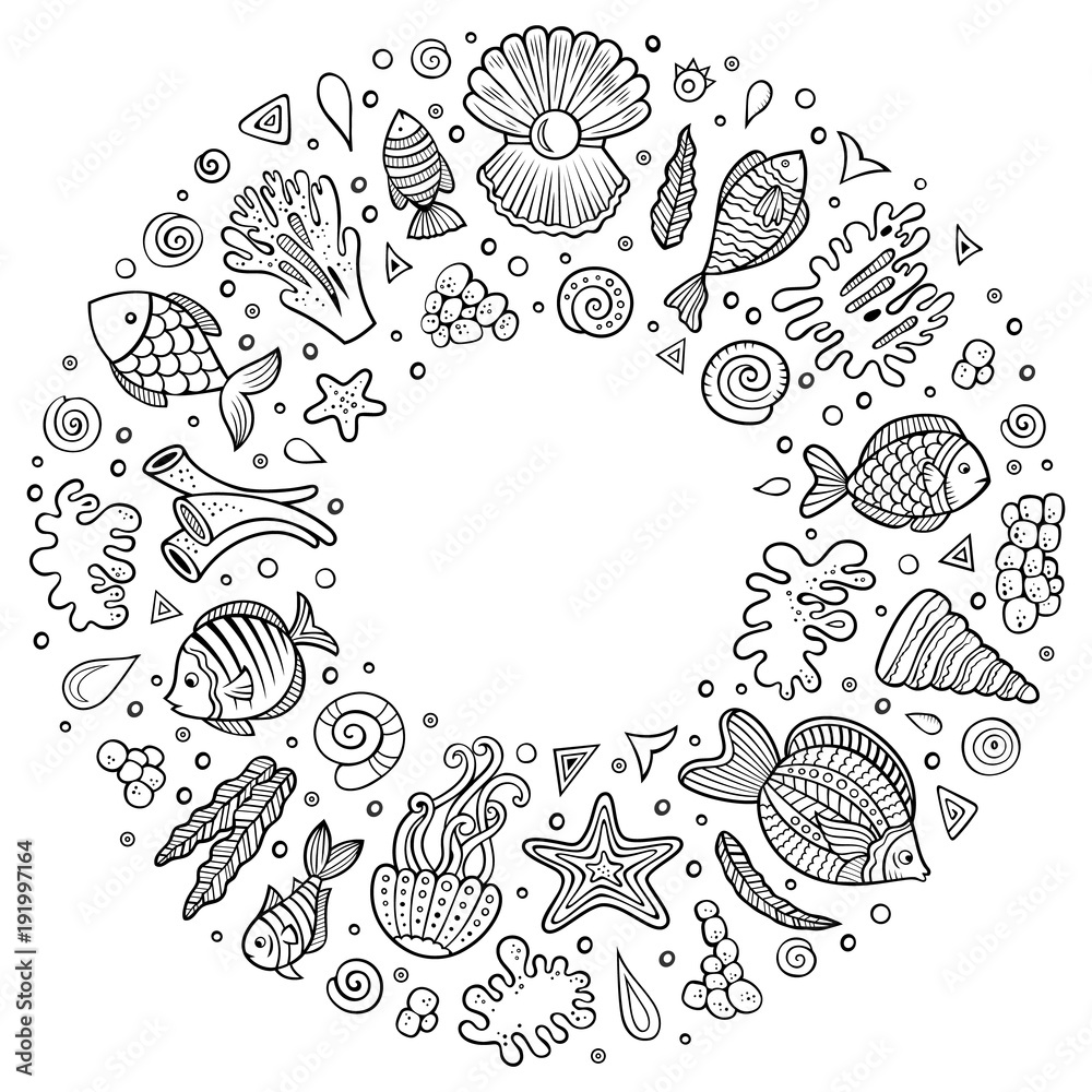 Set of Sealife cartoon doodle objects, symbols and items Set of Sealife cartoon doodle objects, symbols and items