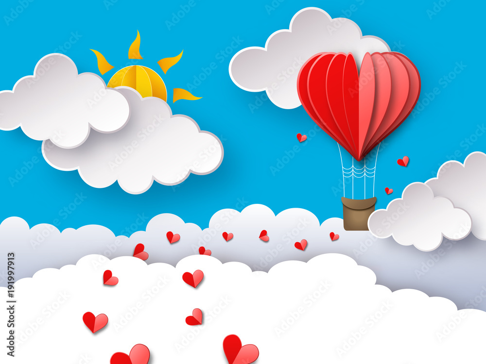 Love or Valentine's day background with heart shaped hot air balloon flying through clouds. Romantic paper art and origami style vector illustration Love or Valentine's day background with heart shaped hot air balloon flying through clouds. Romantic paper art and origami style vector illustration
