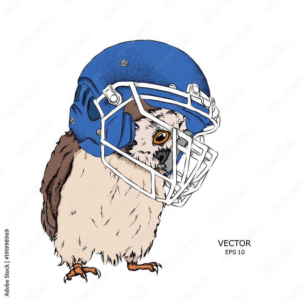 Obraz premium Portrait of a Owl in a helmet. Can be used for printing on T-shirts, flyers, etc. Vector illustration