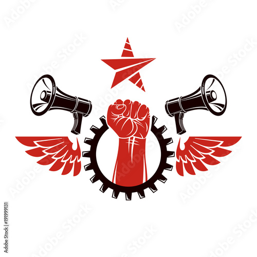 Vector leaflet created using clenched fists raised up, megaphone equipment and engineering cog wheel element. Dictatorship and manipulation theme, totalitarianism as the evil power.