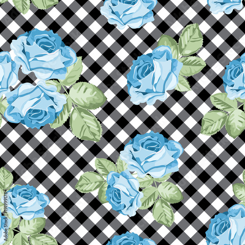 Roses seamless pattern on black and white gingham, chequered background. Vector illustration