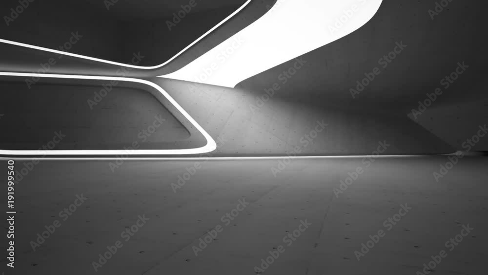 Empty dark abstract concrete room smooth interior. Architectural background. Night view of the illuminated. 3D animation and rendering 