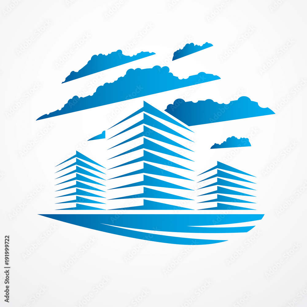 Obraz premium Office building, modern architecture vector illustration. Real estate realty business center design. 3D futuristic facade in big city. Can be used as a logo or icon.