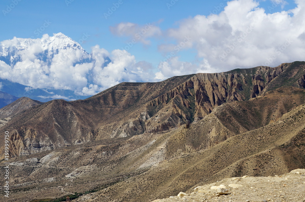 View of the snowy Nilgiri North Mountain (7061 m) from the pass of New La (4010 m). Upper Mustang. Nepal.