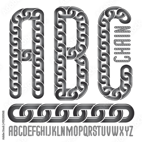 Vector font, trendy typescript can be used in poster creation. Upper case creative letters, abc made with steel chain link, joined link.