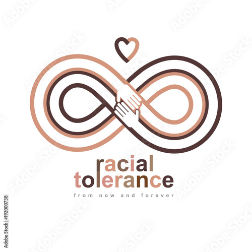 Racial Tolerance conceptual symbol, Martin Luther King Day, Zero tolerance, vector symbol created with infinity loop sign and two hands of people of different races touching and reaching each other.