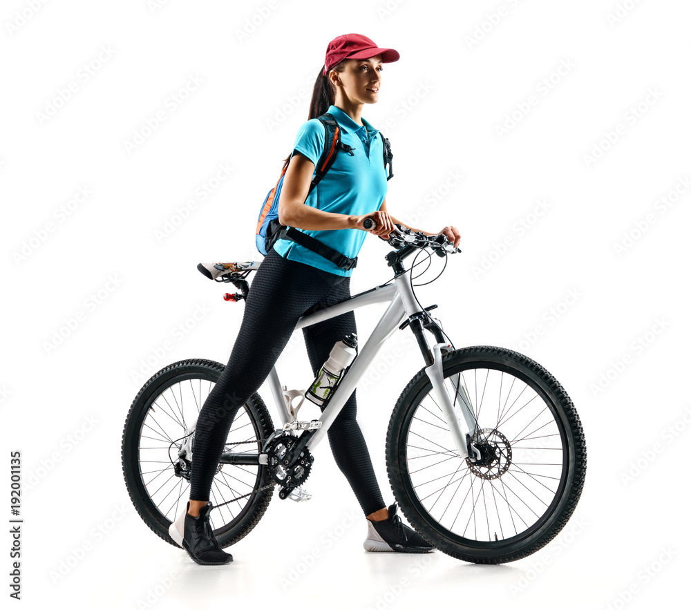 Naklejka premium Cyclist in blue t-shirt with bike in silhouette on white background. Sport and healthy lifestyle