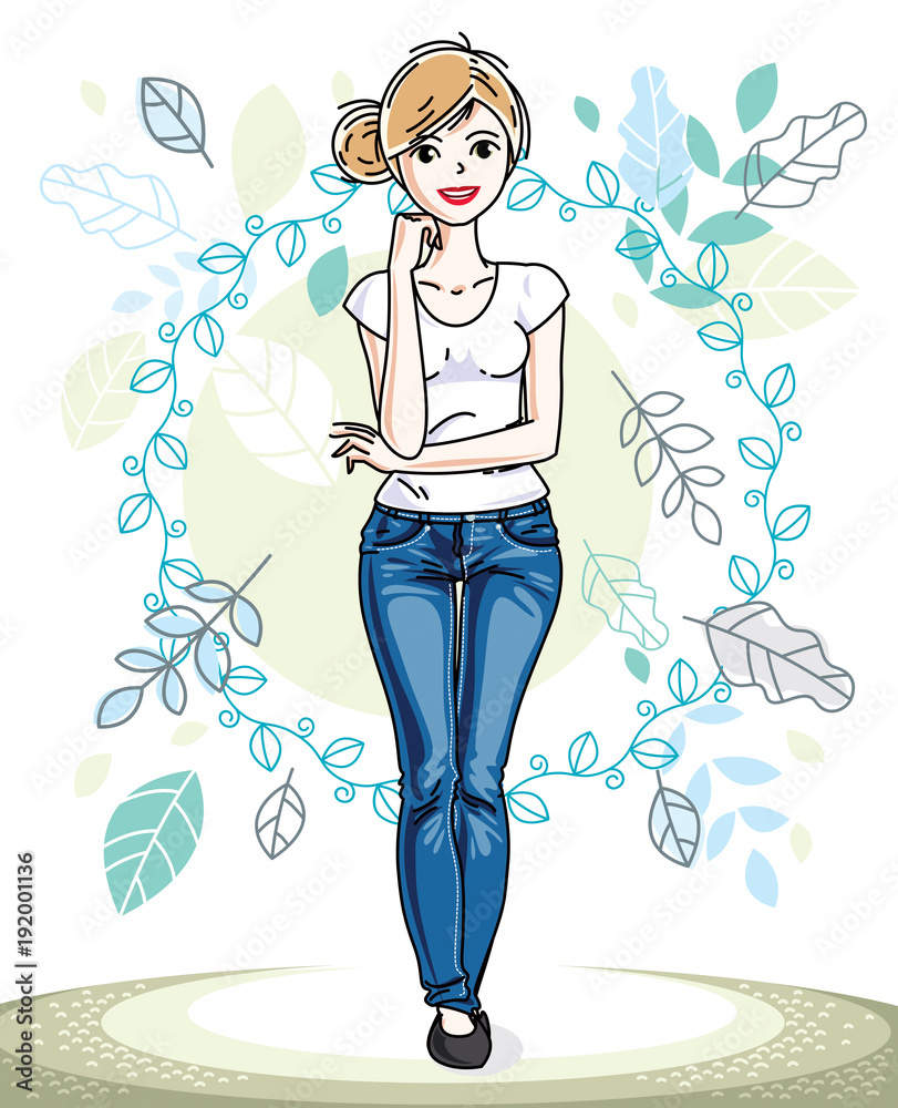 Happy pretty young blonde woman standing on background of spring ecology landscape with delicate blue leaves and wearing fashionable casual clothes. Vector character. Happy pretty young blonde woman standing on background of spring ecology landscape with delicate blue leaves and wearing fashionable casual clothes. Vector character.