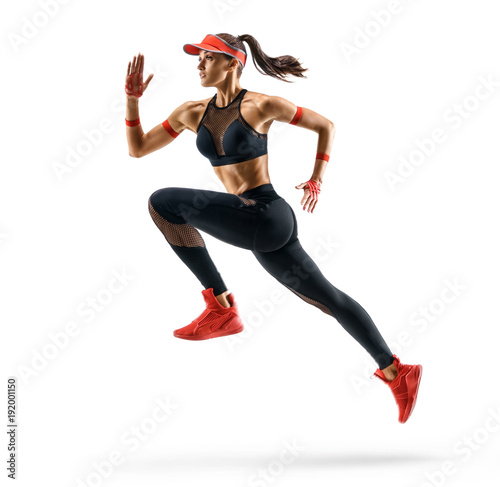 Sporty runner girl in silhouette on white background. Dynamic movement. Side view © Romario Ien