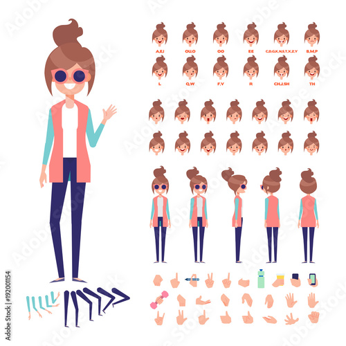Front, side, back, 3/4 view animated character. Young girl character creation set with various views, hairstyles, face emotions, poses and gestures. Cartoon style, flat vector illustration.