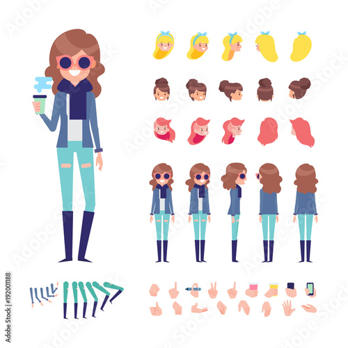 Front, side, back, 3/4 view animated character. Young girl character creation set with various views, hairstyles, face emotions, poses and gestures. Cartoon style, flat vector illustration.