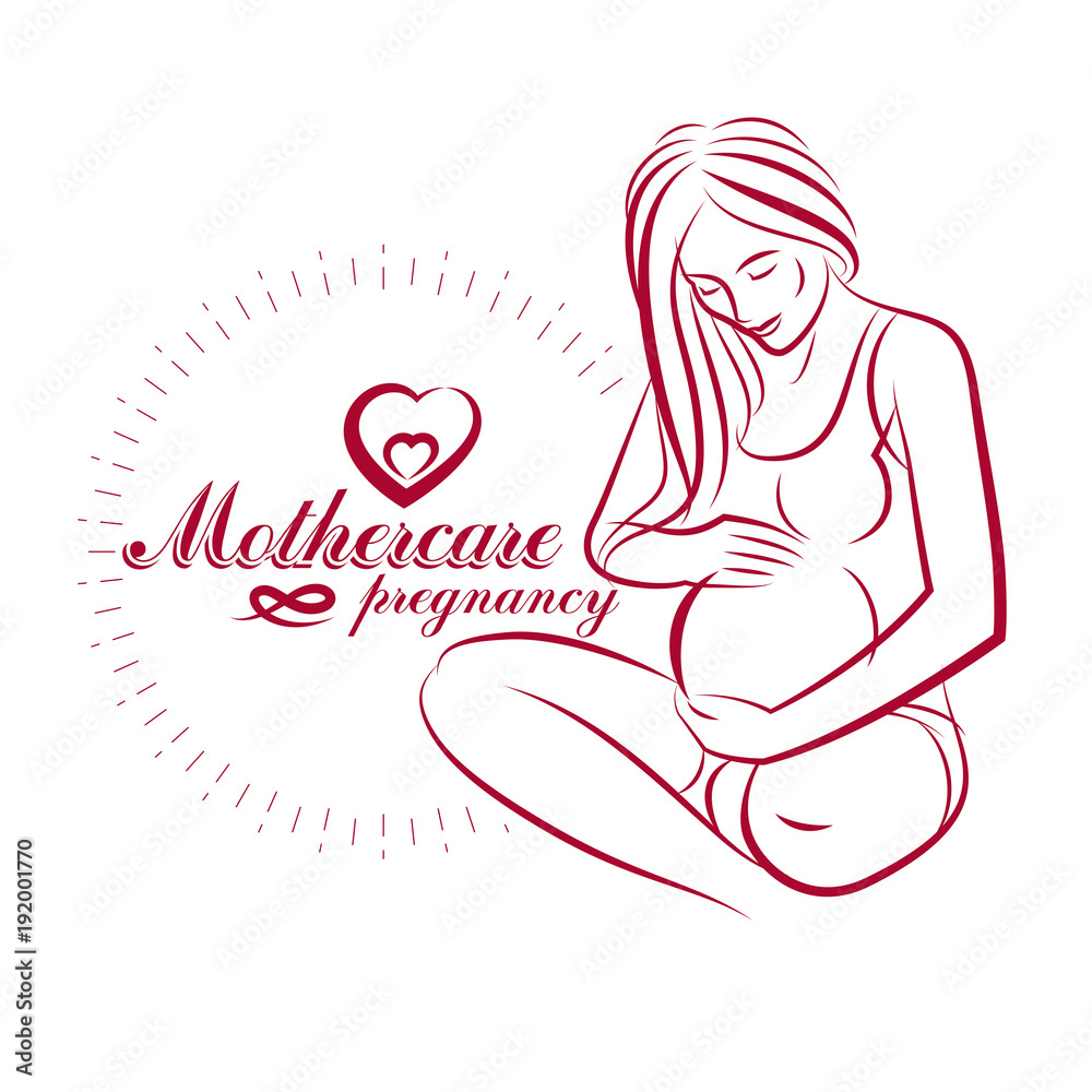 Fototapeta Pregnant female body shape hand drawn vector illustration, beautiful lady gently touching her belly. Maternity hospital advertising flyer