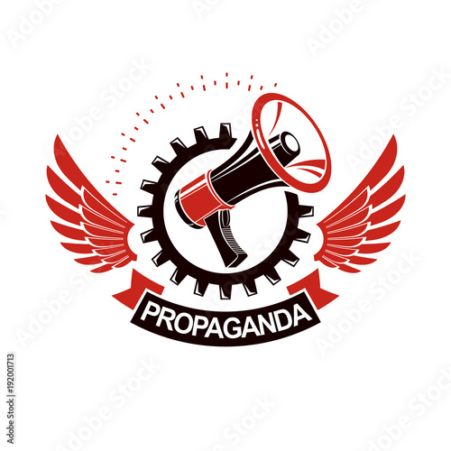 Vector winged logo composed with megaphone equipment surrounded by engineering cog wheel. Proletarian revolution abstract sign, political propaganda.