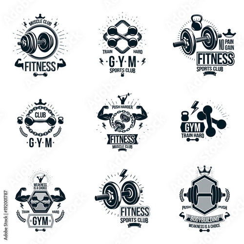 Vector power lifting theme emblems and motivational flyer templates collection made using dumbbells, kettle bells sport equipment and bodybuilder body silhouettes.