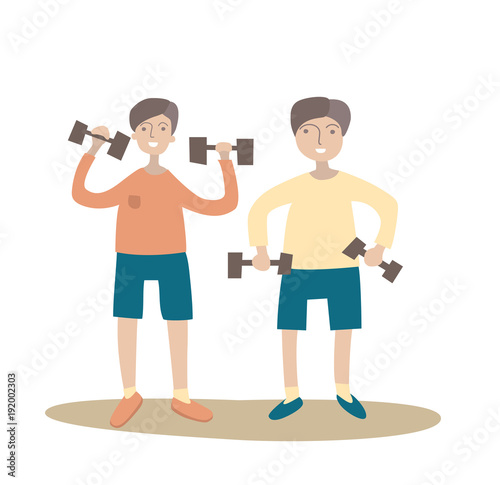 Two guys doing exercises with dumbbells. Healthy lifestyle. Vector illustration, isolated on white background.