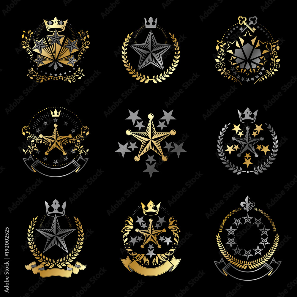 Pentagonal Stars emblems set. Heraldic Coat of Arms, vintage vector logos collection.