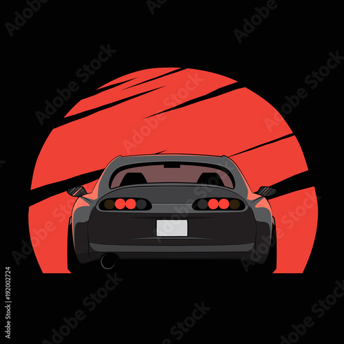 Cartoon japan tuned car on red sun background. Back view. Vector illustration