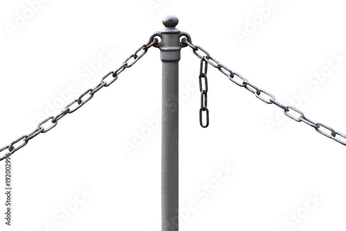 Metal bollard with chain on white background - concept image