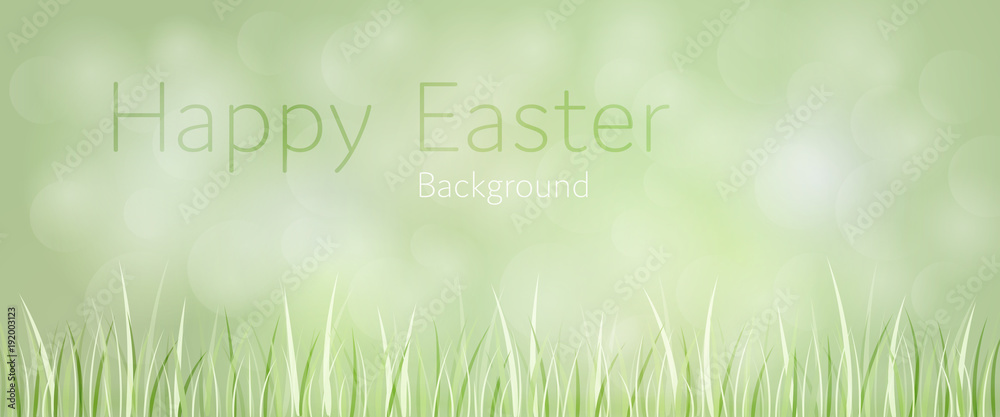 Easter background. Green landscape with grass in the foreground. Text: Happy Easter - background Easter background. Green landscape with grass in the foreground. Text: Happy Easter - background