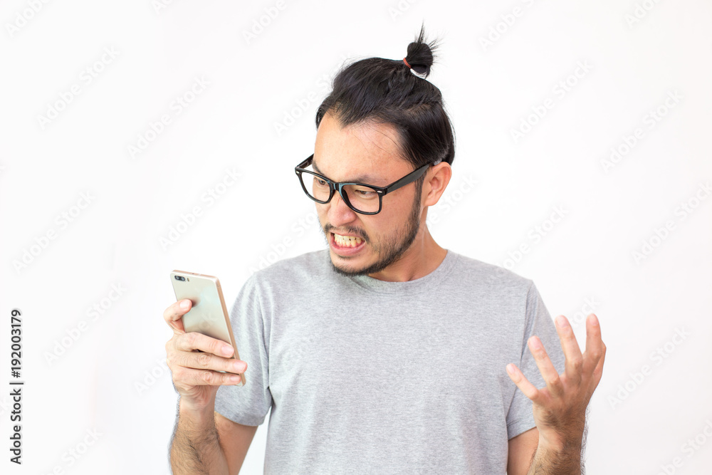 Closeup portrait of angry asian man screaming, isolated on white background with copy space Closeup portrait of angry asian man screaming, isolated on white background with copy space