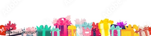 Endless border of gift, present boxes, Christmas, birthday card, banner decoration element, flat vector illustration isolated on white background. Endless border of Christmas, birthday gifts, presents