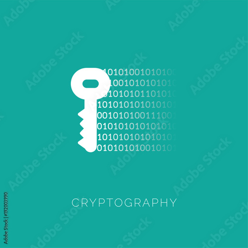 Cryptography concept with key and binary code. Simple element illustration