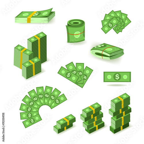 Wads, stacks, rolls and piles of dollar banknotes, bills, money, flat style vector illustration isolated on white background. Set of flat style dollar banknotes in stacks, bundles, wads and rolls