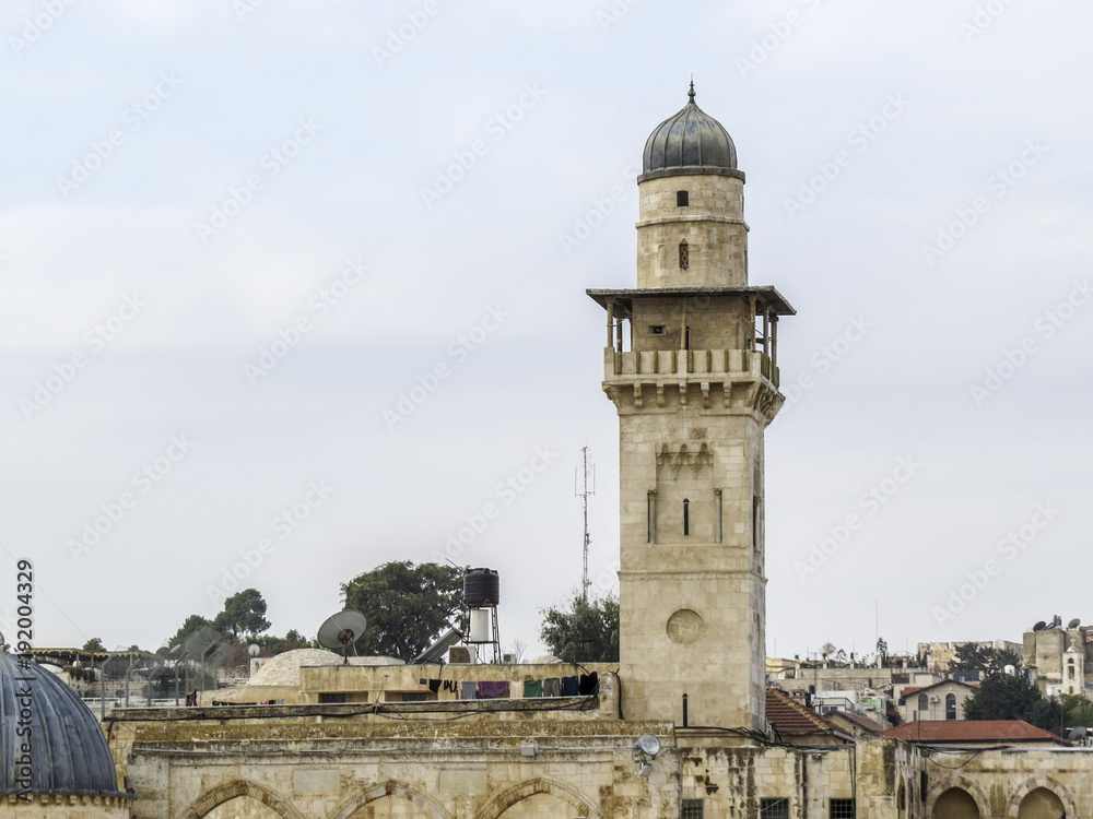Fototapeta premium Jerusalem, Israel - The tall minaret of the Al-Aqsa Mosque in Old City of Jerusalem, Israel