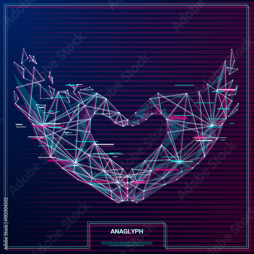 Love shape hands. Vector distorted glitch concept. Tv distortion 3D effect stereoscopic, anaglyph.