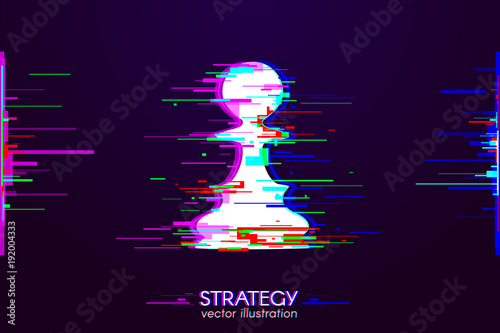 Chess pawn with Interference. Glitch logo of pawn on dark background. White object with anaglyph color effect. Vector strategy concept illustration.