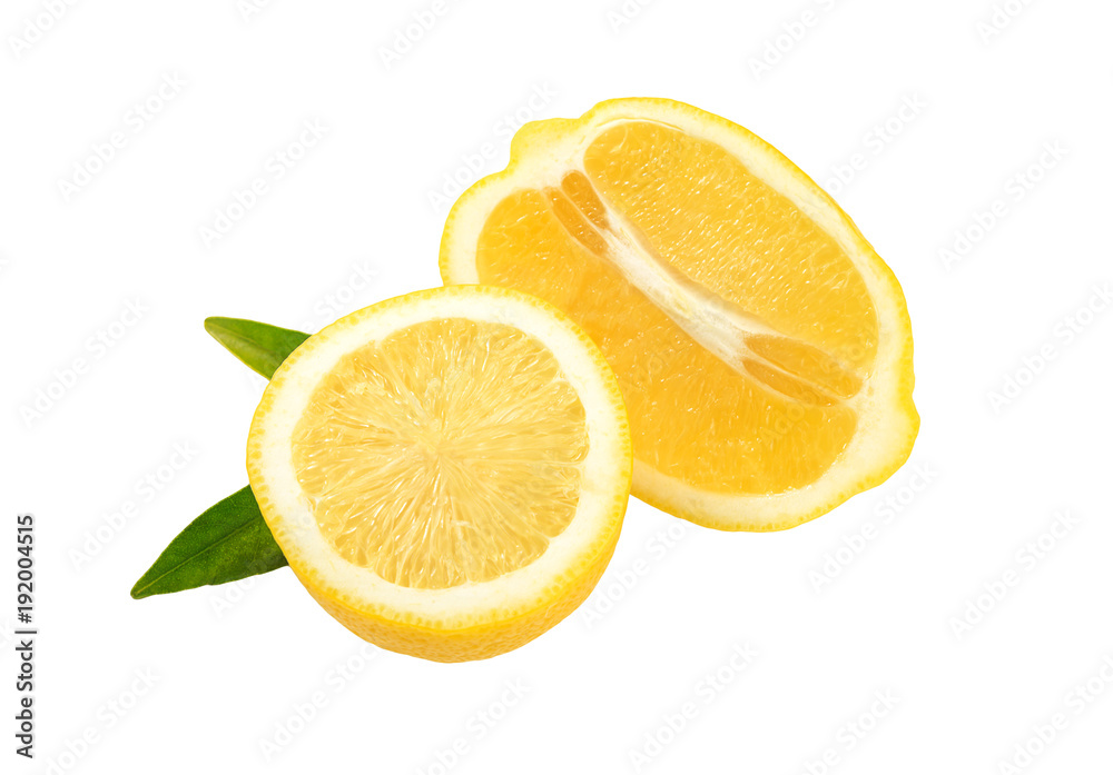 Set of fresh cut lemons with leaves isolated on white background. Healthy food, pattern fruits