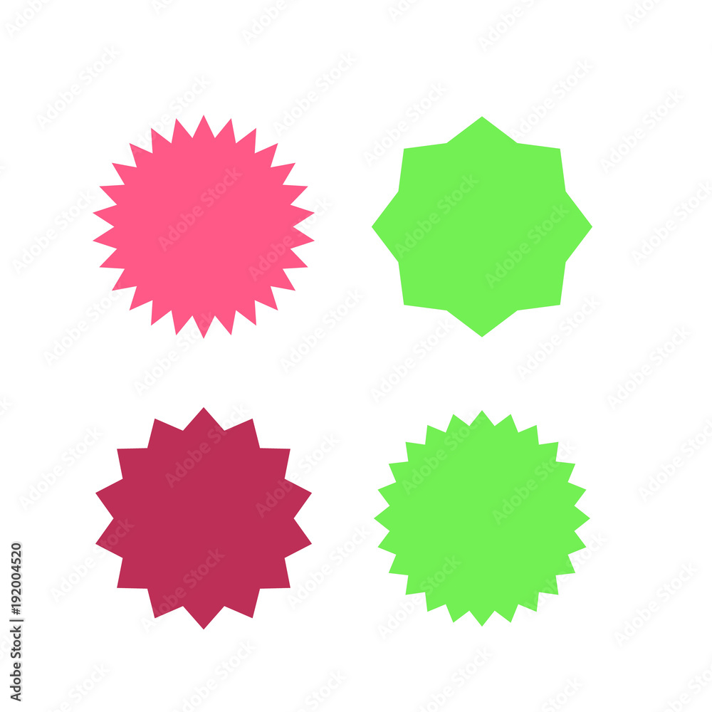 Set of vector starburst, sunburst badges. Different color. Simple flat style Vintage labels. Colored stickers.