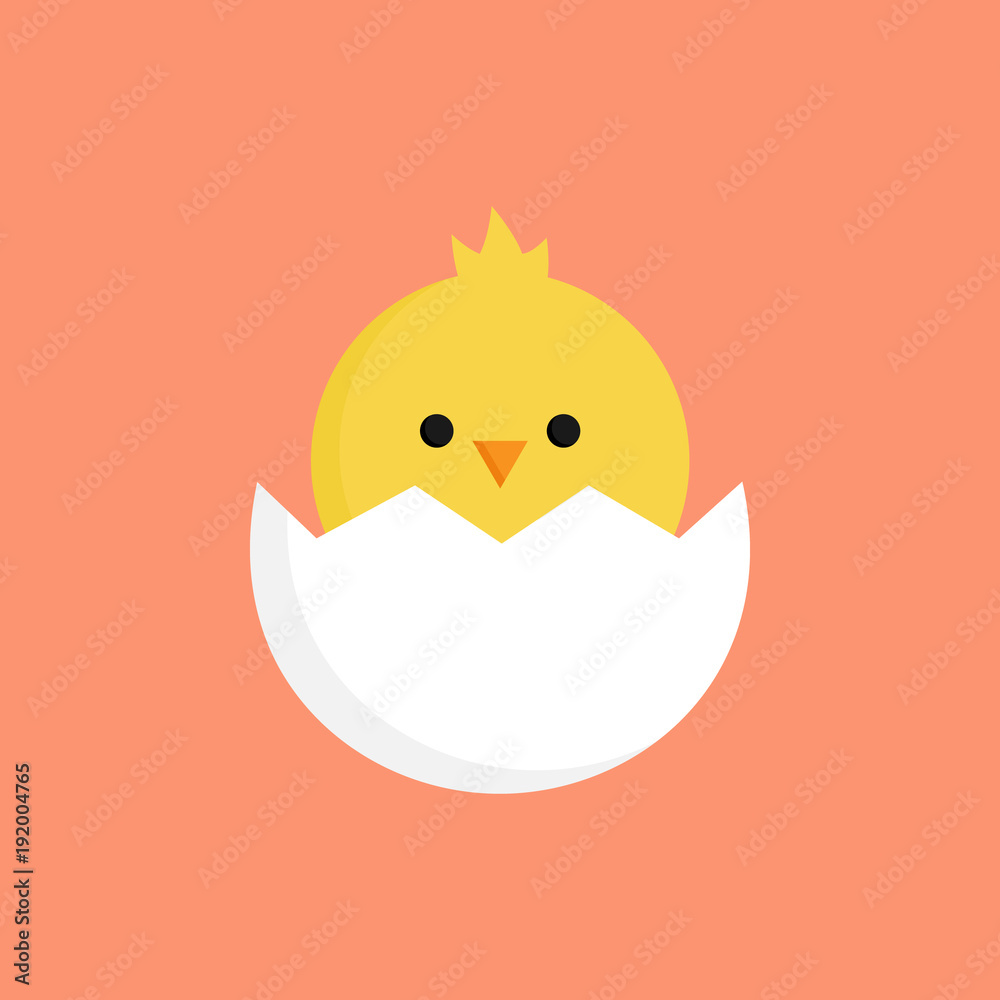 Fototapeta premium Cute little chick in cracked egg vector graphic illustration. Easter themed, yellow chicken cartoon with cracked eggshell, isolated on orange background.