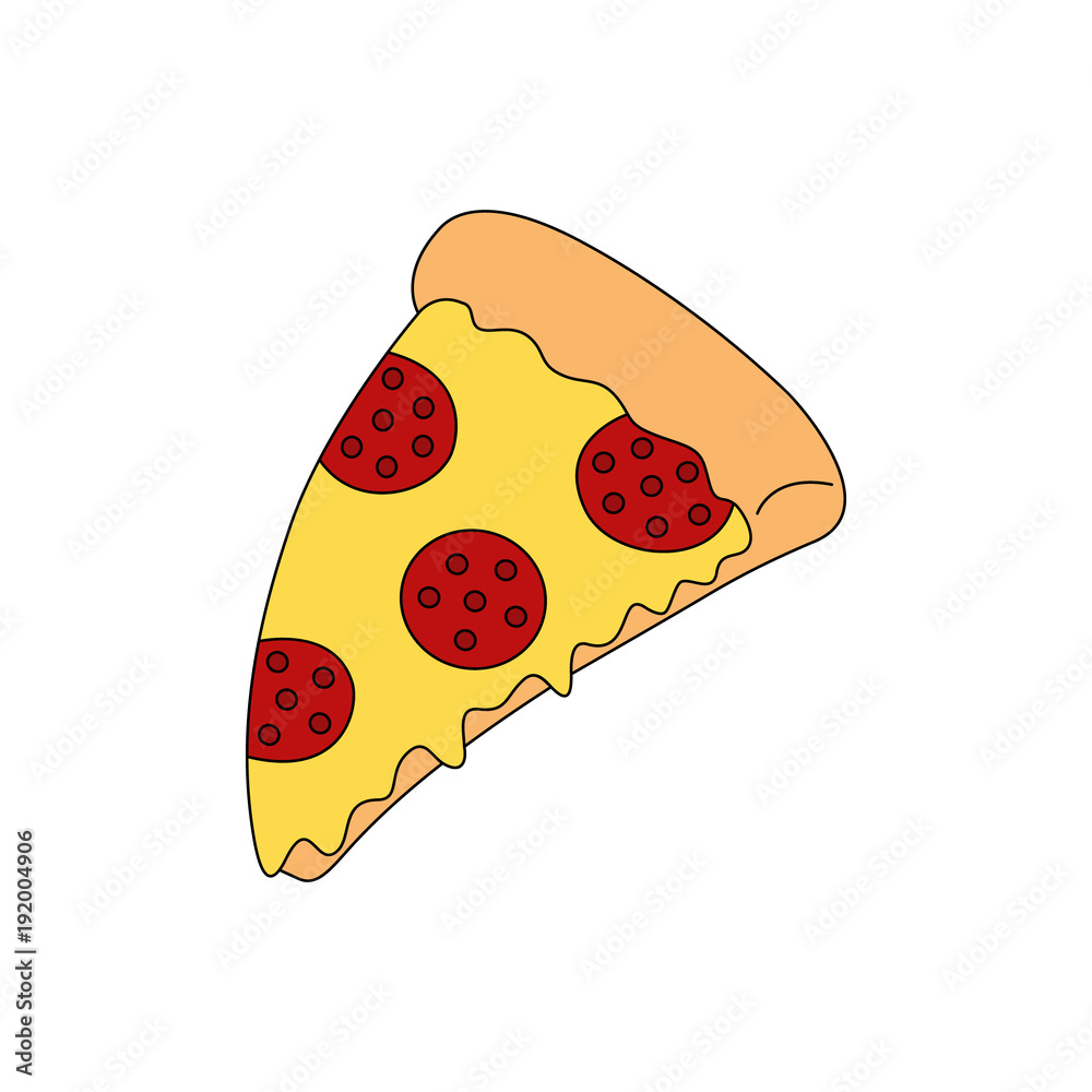 Slice of pepperoni pizza with salami and melted cheese. Cartoon pizza vector illustration. Colorful slice of pizza with black outline, isolated. Slice of pepperoni pizza with salami and melted cheese. Cartoon pizza vector illustration. Colorful slice of pizza with black outline, isolated.