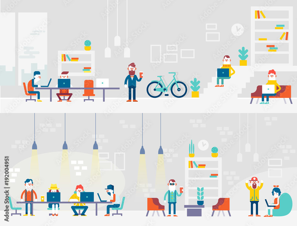 Coworking people horizontal banner.  Concept design for web, infographics.  Flat style vector illustration. 