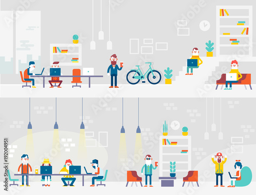Coworking people horizontal banner.  Concept design for web  infographics.  Flat style vector illustration. 
