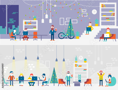 Coworking people horizontal banner.  Concept design for web  infographics.  Flat style vector illustration. 