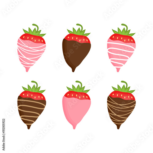 Sweet strawberries covered in chocolate, vector graphic illustration. Valentine's Day chocolate fondue snack. Strawberries in pink colored white, milk and dark chocolate.